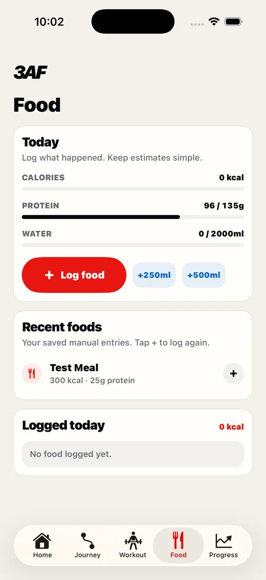3AF Food showing nutrition and water progress