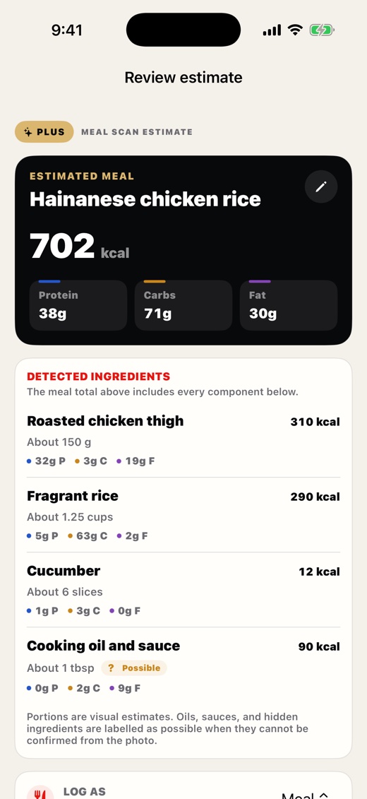 3AF Meal Scan review showing detected ingredients, portions, calories, and macros before saving
