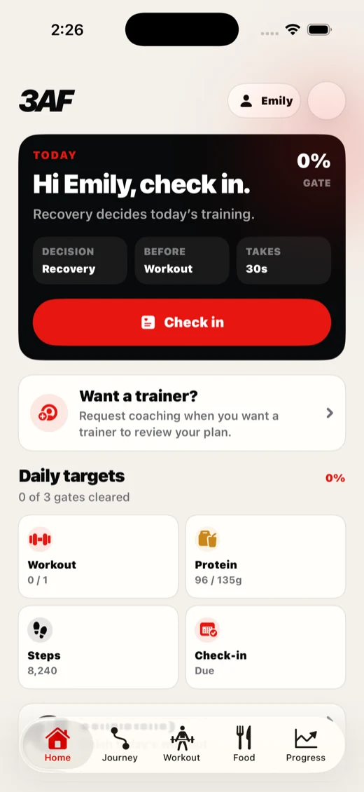3AF Home showing the user's next useful action