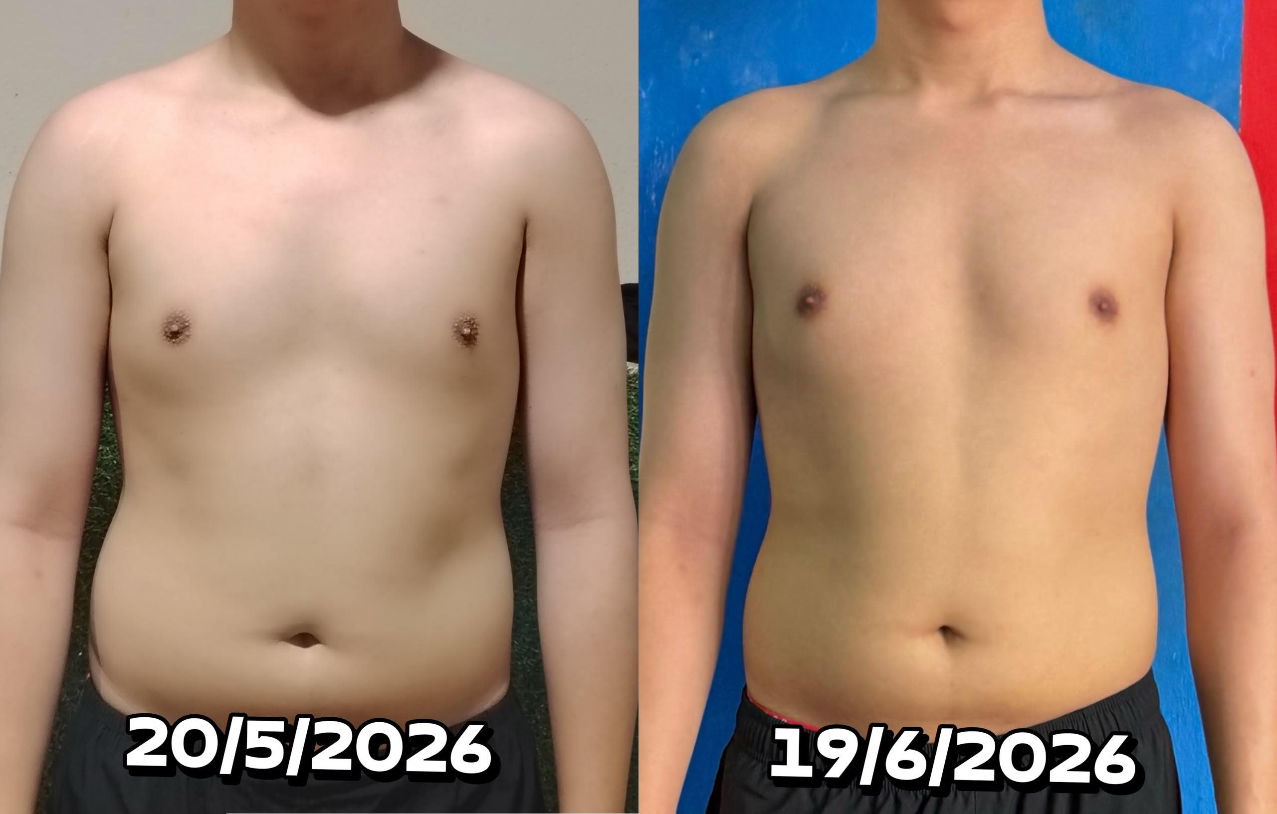 3AF client front-view progress comparison photographed one month apart