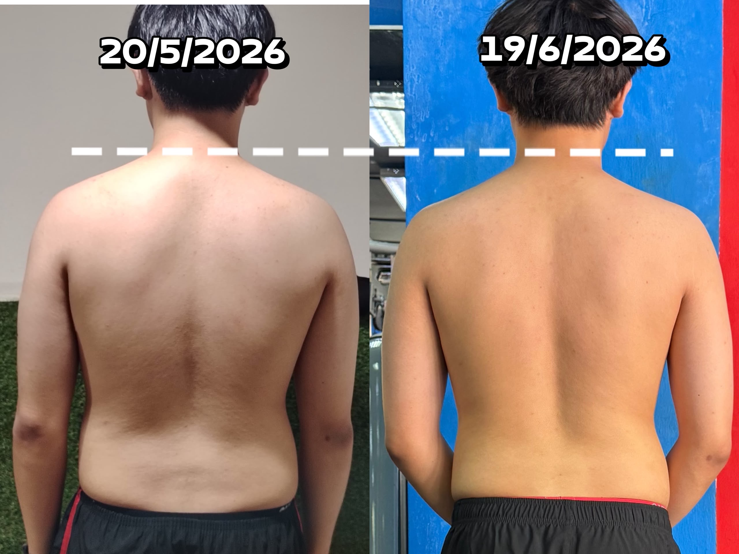 3AF client back-view progress comparison photographed one month apart